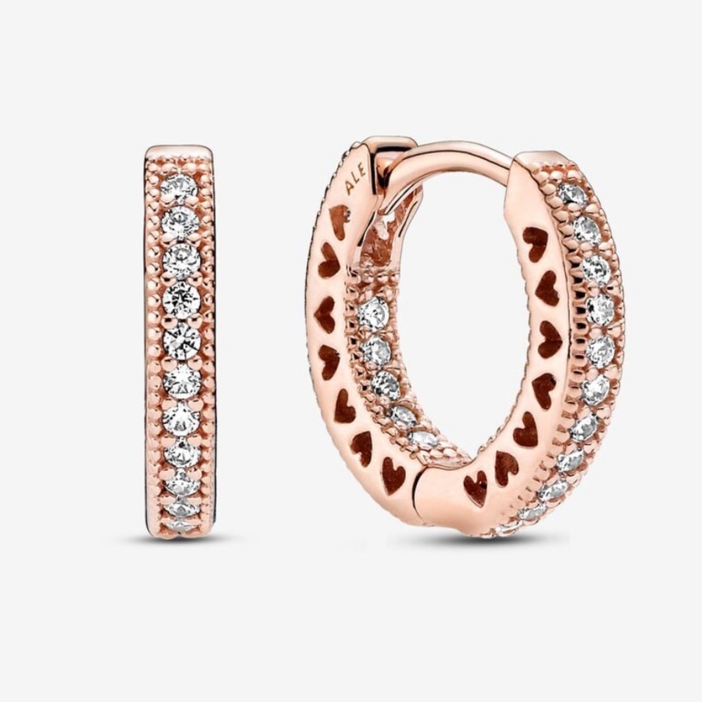 rose gold pave heart hoop earring | pandora - Picture 2 of 4